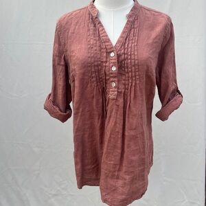 Malvin I Love Linen Women’s M Top Dusty Pink/Rose Roll Tab Sleeve Blouse PinTuck